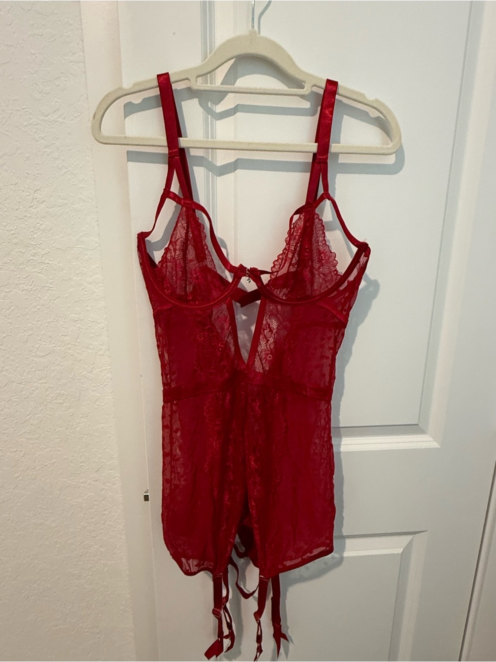 Red Lace Open-Cup Teddy with Garter Straps - Women Intimates
